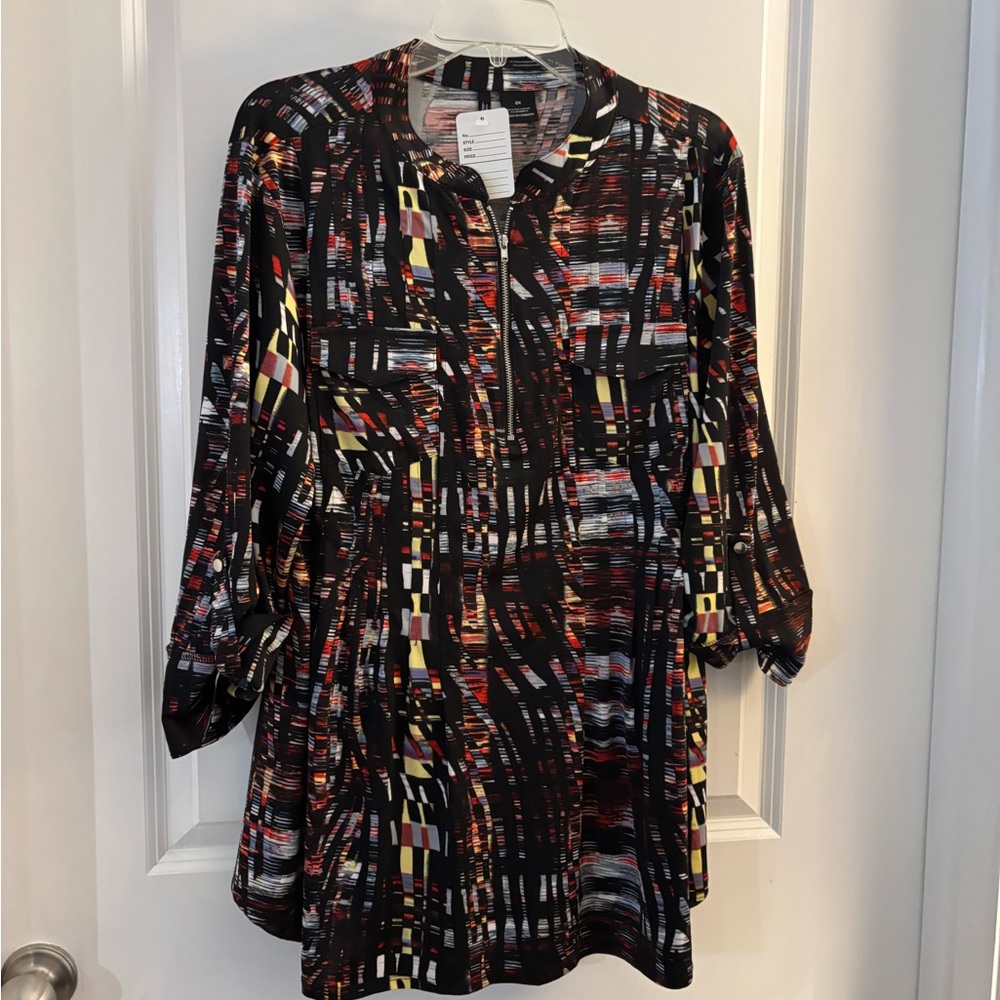New Directions Abstract Print Black Multicolor Zip-Front Womens Top Sz 2X